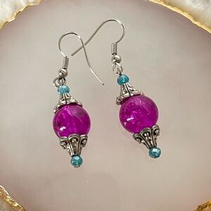 Pink/Purple Crackle Glass Bead Dangle Earrings Turquoise Accent Silver Tone Boho